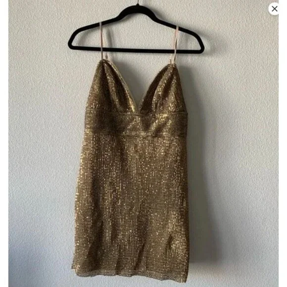 NEW FREE PEOPLE X SAYLOR Sz X-Small FRANKIE SEQUIN MESH MINI SLIP DRESS Gold - Picture 9 of 13